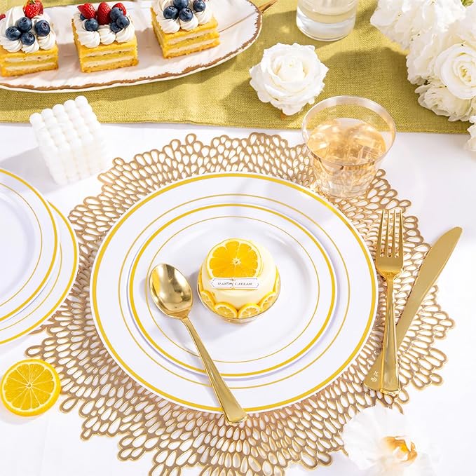 WELLIFE 350-Piece Gold Disposable Plates and Cutlery Set - Premium 10.25" Dinner Plates, 7.5" Dessert Plates, 9oz Cups & Cutlery for Weddings, Catering Events - 50 Guest Service - Elegant & Sturdy