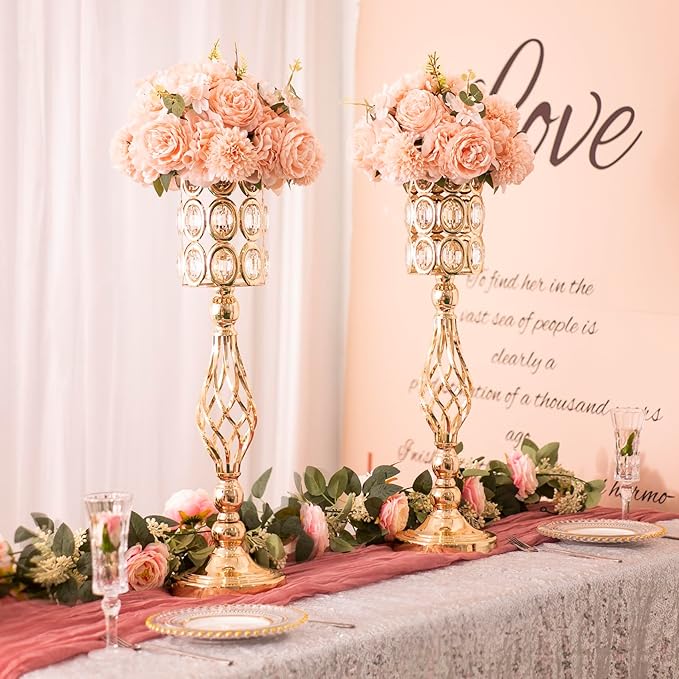 2pcs Gold Vases for Wedding Centerpieces for Tables, 24in Metal Diamond Crystal Flower Stand for Wedding Decorations for Reception Party Dining Room Living Room Decor