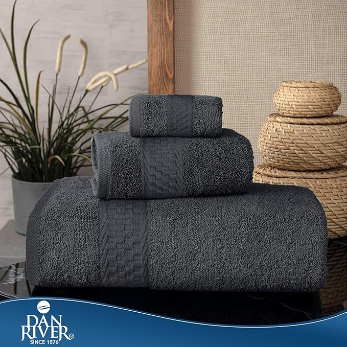 DAN RIVER 100% Ring Spun Cotton 3-Piece Towel Set, Charcoal, Bath Towel, Hand Towel and Washcloths, 550 GSM - Soft, Absorbent Quick Dry Cotton Towels for Bathroom, Spa, and Gym