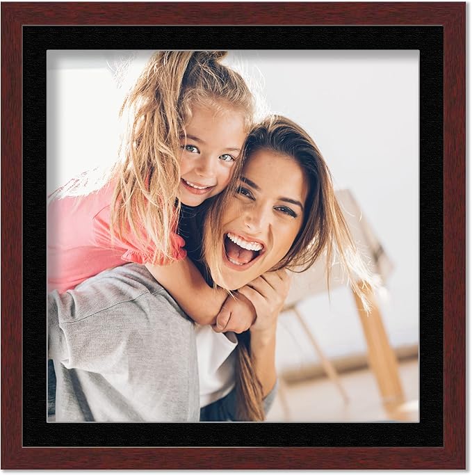 10x10 Frame with Mat - Brown 13x13 Frame Wood Made to Display Print or Poster Measuring 10 x 10 Inches with Black Photo Mat