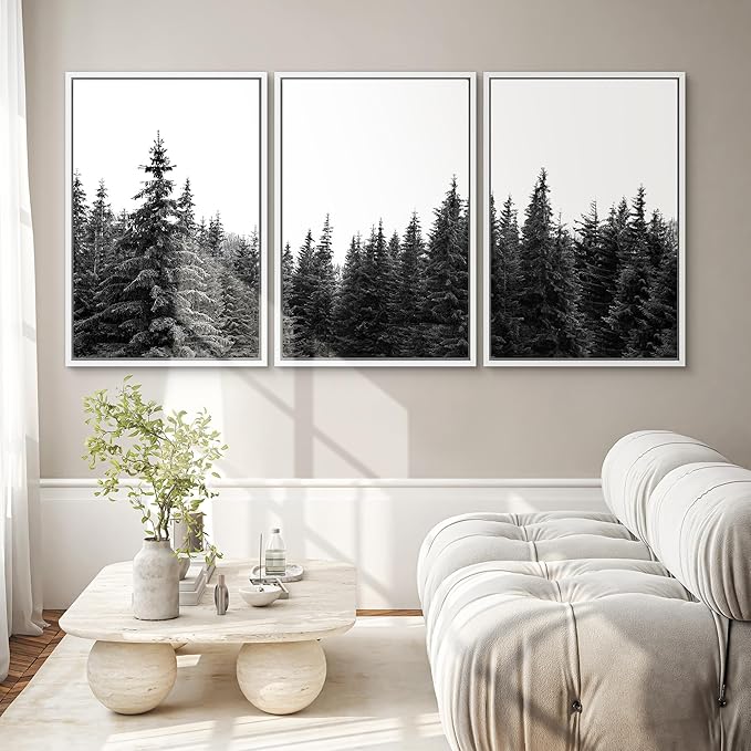 SIGNWIN 3 Piece Framed Canvas Wall Art Woodland Nursery Decor Black and White Forest Photo Nature Illustrations Abstract Traditional Home Artwork Decoration for Living Room,Bedroom - 16"x24"x3 White