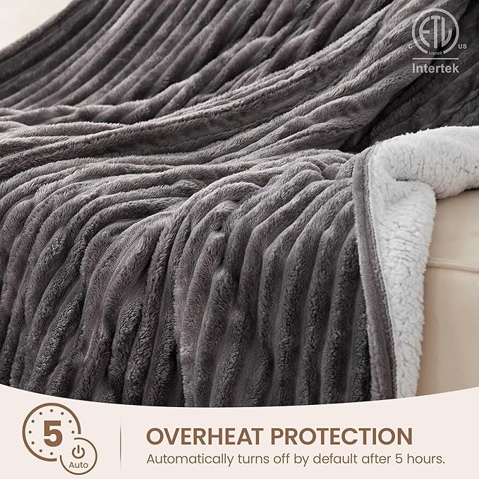 Heated Blanket Electric Blanket 62"x84", Soft Flannel Sherpa Electric Throw with 5 Heating Level & 1-12 Hour Auto Off, Heated Throw with Overheating Protection, Machine Washable (Grey)