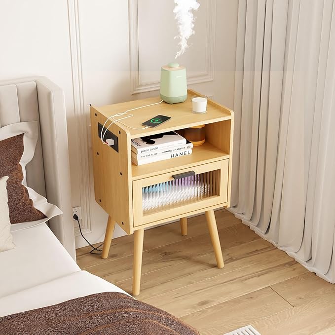 Mid Century Modern Nightstand with Charging Station, Bedside Tables with Glass Drawer, End Table Side Table with 2 Tiers Storage Space, for Bedroom, Living Room, Natural