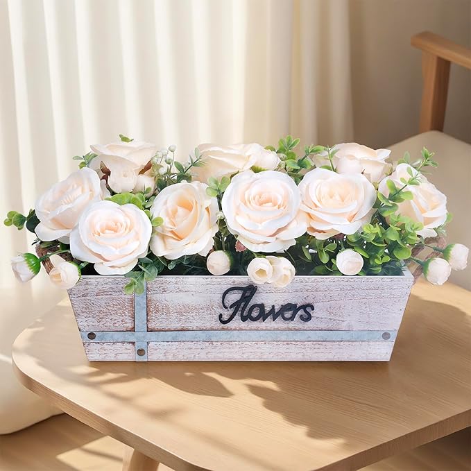 Centerpiece Table Decorations Rustic Wood Tray with 3 Artificial Champagne Rose Flowers and Fake Eucalyptus for Dining Room Farmhouse Living Room Kitchen and Coffee Table Décor