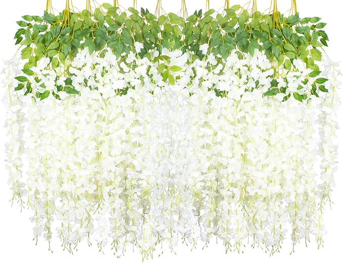 24 Pack Artificial Fake Wisteria Vine Ratta (3.75 Feet) Hanging Garland Silk Flowers String Home Party Wedding Decor (White)