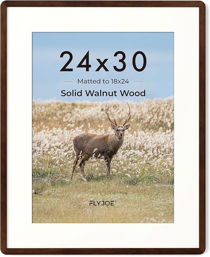 24x30 Frame - Solid Walnut Wood 24''x30'' Poster Frame, 24x30 Puzzle Frame With Mat For 18x24, Tempered Glass and Hanging Hardware Included, Minimalist 24 x 30 Poster Frame Wood, Natural Walnut