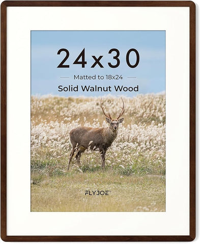 24x30 Frame - Solid Walnut Wood 24''x30'' Poster Frame, 24x30 Puzzle Frame With Mat For 18x24, Tempered Glass and Hanging Hardware Included, Minimalist 24 x 30 Poster Frame Wood, Natural Walnut