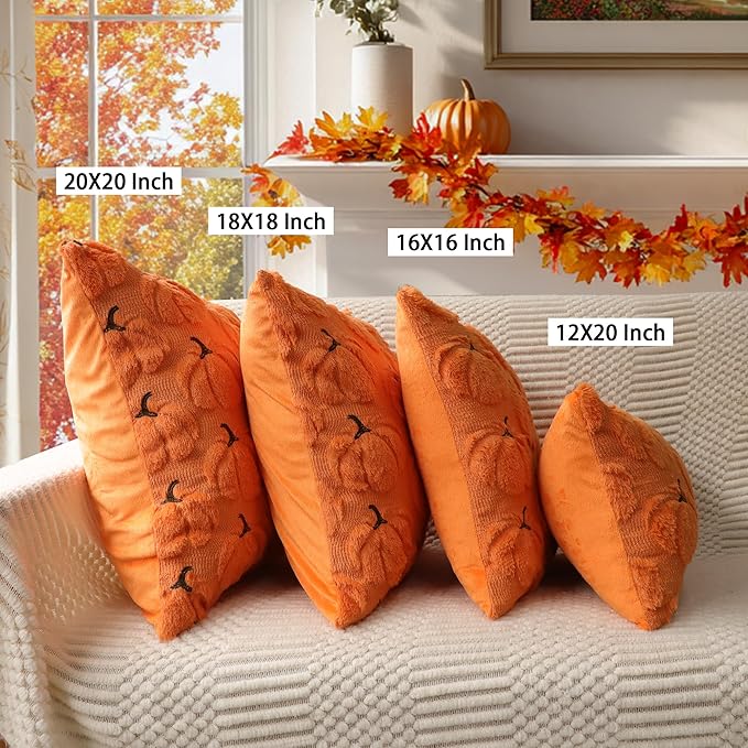 4TH Emotion Fall Pumpkins Decorative Pillow Covers 18x18 Set of 2, Orange Soft Plush Faux Fur Wool Farmhouse Throw Cushion Cases for Autumn Thanksgiving Holiday Home Decorations