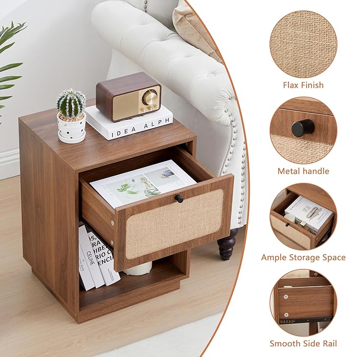 AVZEAR Mid Century Night Stand with Drawer, Farmhouse End Table with Storage & Curved Linen Panel, Modern Nightstands Bedside Table Small Side Tables for Small Space, Bedroom(Walnut)