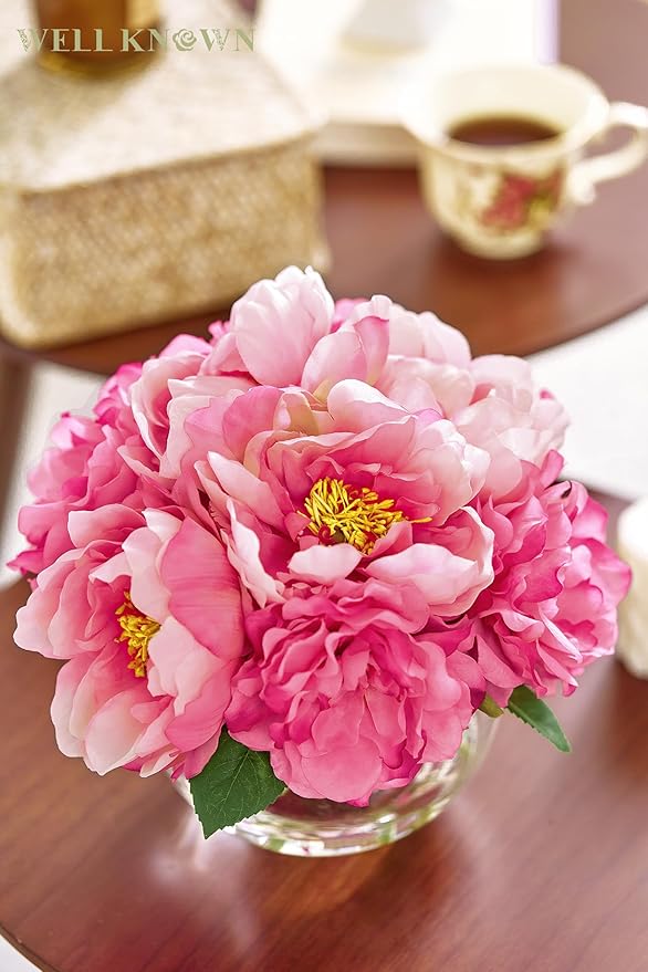 WELL KNOWN Artificial Flowers in Vase, Peonies Artificial Flowers for vase with Faux Water for Coffee Table Decor, Silk Fake Flower Arrangements Peonies Table Centerpieces (Peach Pink)