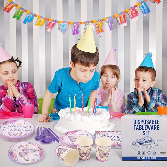 400 Pieces Butterfly Disposable Party Tableware Sets Including Plates Cups Napkins Cutlery Serves 50 for Butterfly-themed Party Birthday Baby Shower Girls Party Decorations