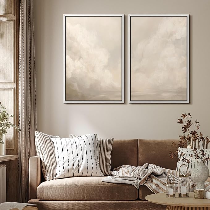 MUDECOR Framed Canvas Print Wall Art Neutral Cloudscape Soft Abstract Sky Illustrations Modern Art Decorative Bohemian Colorful Chic for Living Room, Bedroom, Office - 24"x36"x2 White