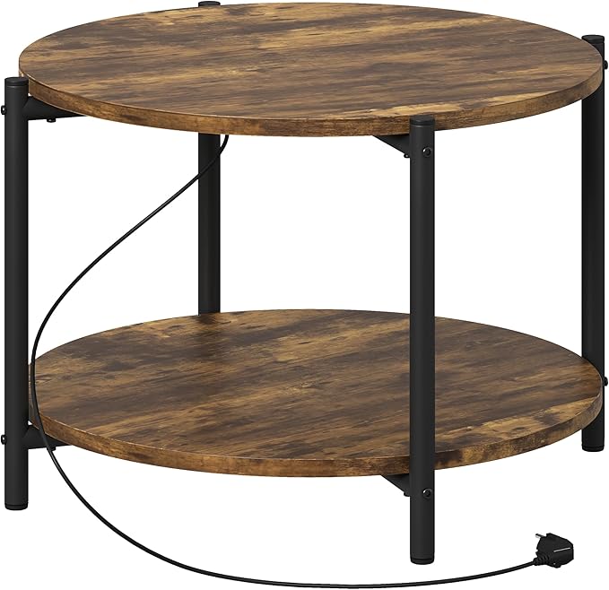 LIKIMIO Round End Table with Charging Station, 23.6" W Wooden Side Table with 2-Tier Storage, Modern Nightstand for Small Spaces, Living Room, Bedroom, Rustic Brown