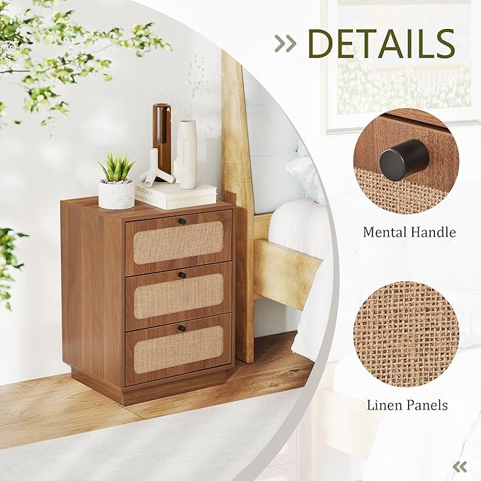 Nightstand with 3 Drawers Set of 2, Mid Century Modern Night Stand with Linen Drawers & Stable Legs, Wood Rustic Bedside Table End Table Side Table for Bedroom, Walnut