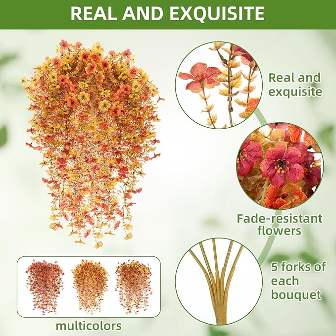 Hoteam 12 Pack Artificial Fall Hanging Flowers Plants for Outdoors Autumn 30 Inch UV Resistant Fake Plastic Faux Plants Bulk for Planter Porch Patio Yard Garden Wedding Wall Indoor