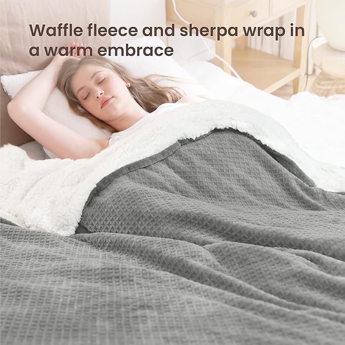 Heated Blanket Electric Blanket Full Waffle,72x84 Inches Sherpa Fleece Fast Heating Blanket 6 Heating Levels & 10 Hours Auto Off ETL Certification,Light Grey Full
