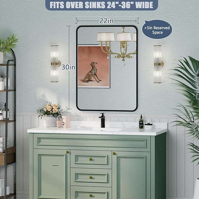 22×30 Black Bathroom Mirror for Over Sink - Rectangle Bathroom Vanity Mirror Wall Mounted with Matte Aluminum Frame & Rounded Corners, Shatterproof Tempered-Glass, Horizontal/Vertical