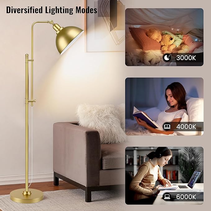 PARTPHONER Industrial Floor Lamp Adjustable, Rustic Farmhouse Reading Lamp in Aged Gold Finish, Modern Standing Lamp with Remote Control Metal Shade for Living Room Bedroom Study Room Office Hotel