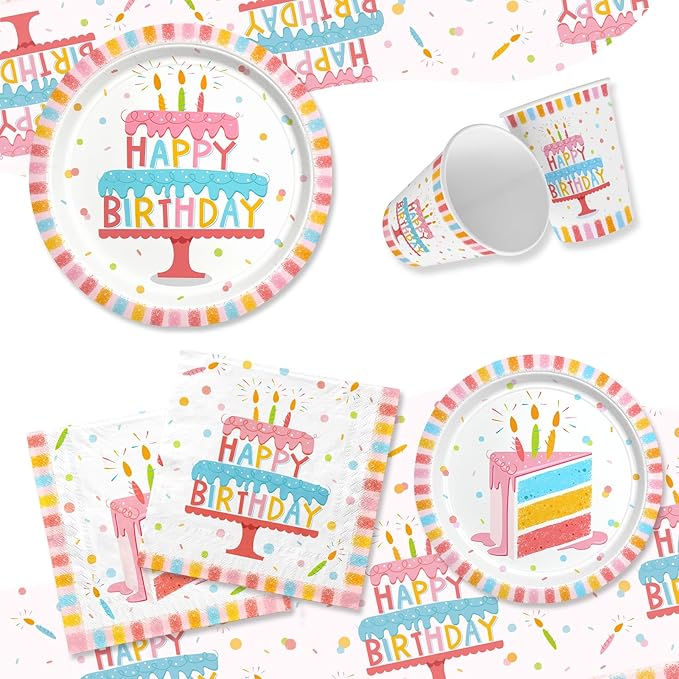Happy Birthday Party Supplies Set for 25 -Kit with Cake Design Includes Plates, Napkins, Cups, Tablecloth & Banner - for Boys & Girls Birthday Party Decorations