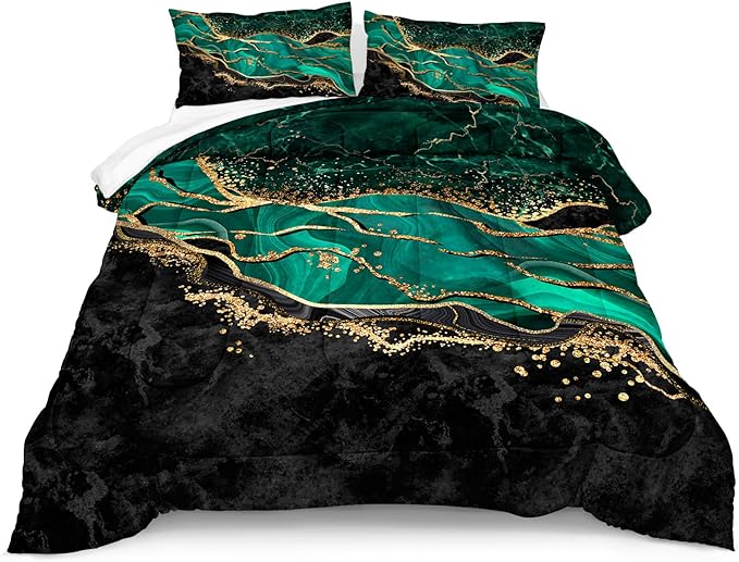 Green Gold King Size Comforter Set, Black Marble Bedding Set, Emerald Green King Bed Comforter Set Abstract Home Decor