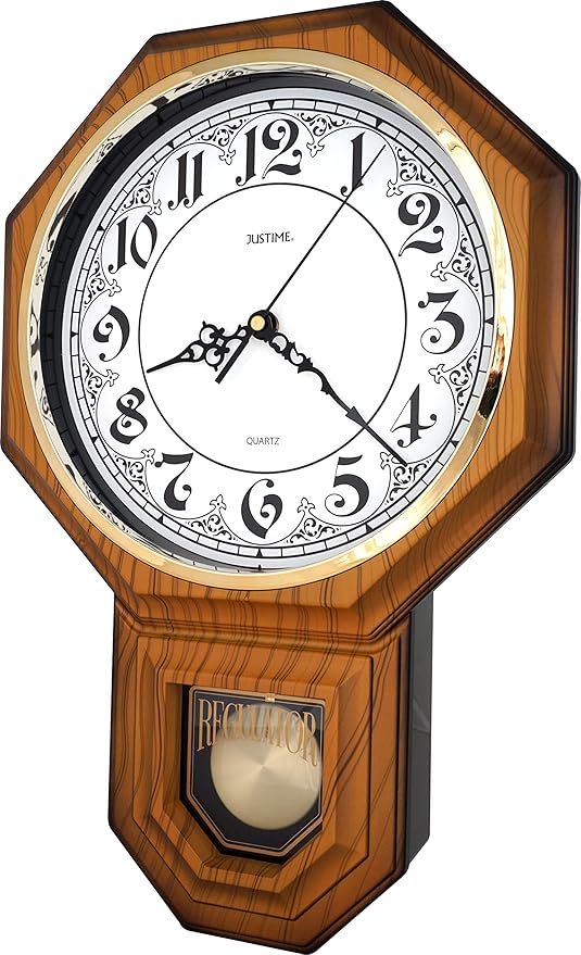 JUSTIME Traditional Schoolhouse Classic Vintage Arabic Regulator Wall Clock, Chiming Wall Clocks with Pendulum & Westminster Chime Hourly, Schoolhouse Wall Decor Battery Operated (Light Wood Grain)
