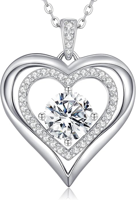 Moissanite Heart Pendant Necklaces for Women, 925 Sterling Silver Gold Plating Lab-Created Gem Necklace Engraved with 'I LOVE YOU', Ideal Anniversary Birthday Christmas Valentine Engagements Mothers Day Jewelry Gifts for Mom Wife Girlfriend Daughter Her
