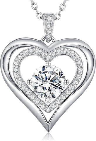 Moissanite Heart Pendant Necklaces for Women, 925 Sterling Silver Gold Plating Lab-Created Gem Necklace Engraved with 'I LOVE YOU', Ideal Anniversary Birthday Christmas Valentine Engagements Mothers Day Jewelry Gifts for Mom Wife Girlfriend Daughter Her