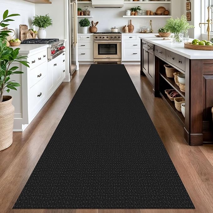 IOHOUZE Washable Exrea Long Hallway Runner Rug 3x16 Non Slip Rubber Backed Kitchen Runner Entryway Runner Indoor, Woven Rugs Floor Carpet for Kitchen Hall Entryway Stair, Black/Grey