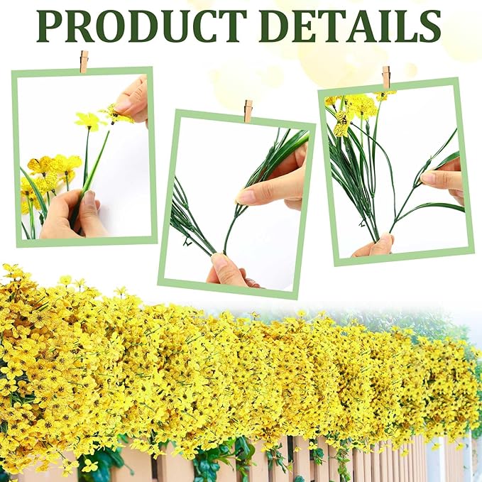 Zeyune 56 Bundles Artificial Flowers Fake UV Resistant for Outdoor Plastic Greenery Shrubs Plants No Fade Faux Flower for Garden Porch Patio Window Wedding Party Decor (Yellow,Bright)
