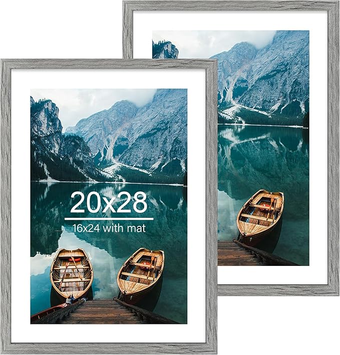 20x28 Picture Frame Set of 2, Rustic Grey Wood Style - Display 16x24 Picture with Mat or 20 x 28 Poster without Mat, Wall Mounting Horizontal and Vertical