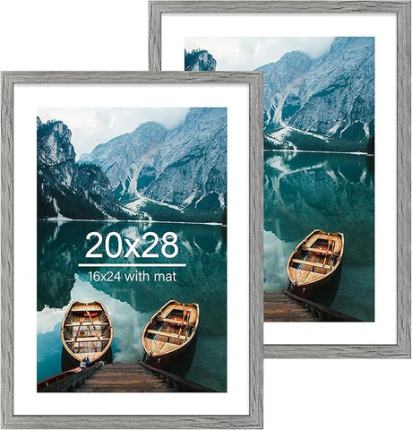 20x28 Picture Frame Set of 2, Rustic Grey Wood Style - Display 16x24 Picture with Mat or 20 x 28 Poster without Mat, Wall Mounting Horizontal and Vertical