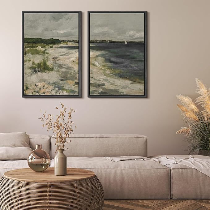 MUDECOR Framed Canvas Print Wall Art Coastal Shoreline with Lush Dunes Serene Beach Landscape Nature Wilderness Illustrations Realism Decorative for Living Room, Bedroom, Office - 24"x36"x2 Black