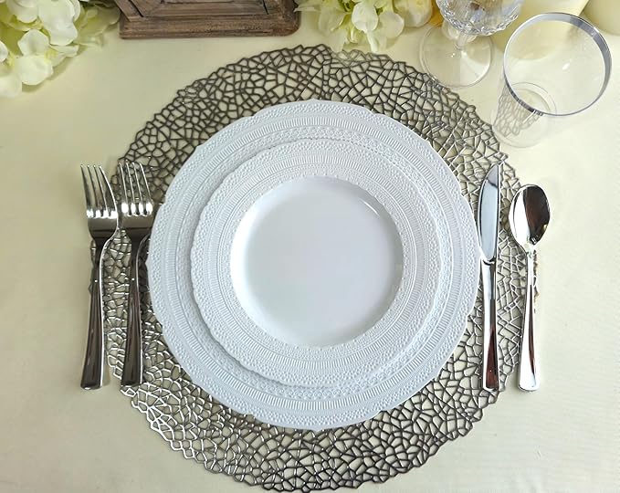 " OCCASIONS " 50 Plates Pack (25 Guests)-Extra Heavyweight Vintage Wedding Disposable/Reusable Plastic Plates -25x11'' Dinner + 25x8.25'' Salad/Dessert (Chateau Collection White)