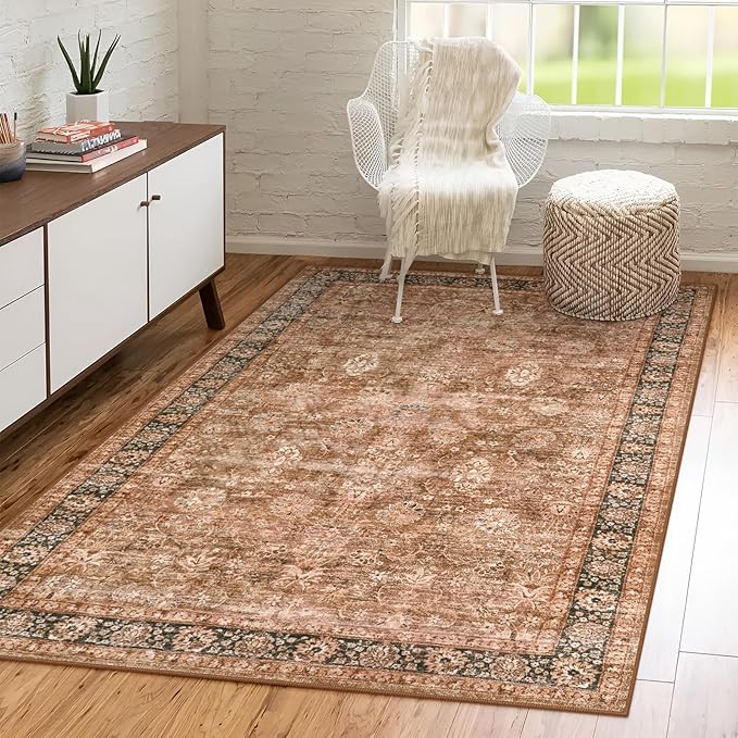 Morebes Vintage Area Rug 4x6 -Washable Brown Living Room Rug, Soft Rug for Bedroom Non-Slip Non-Shedding Faux Wool Throw Rug Distressed Large Carpet for Farmhouse Office Indoor