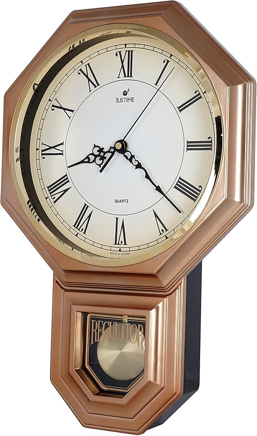 JUSTIME Traditional Schoolhouse Gradient Roman Regulator Wall Clock, Chiming Wall Clocks with Pendulum & Westminster Chime Hourly, Schoolhouse Wall Decor Battery Operated (Vintage Copper)