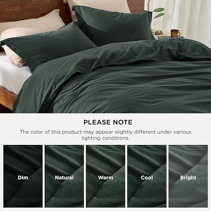 Bedsure 100% Washed Cotton Duvet Cover King Size - Forest Green Minimalist Cotton Duvet Cover Linen Like for All Seasons - GentleSoft™ Plain Simple Bedding, 3 Pieces (Forest Green, King, 104"x90")