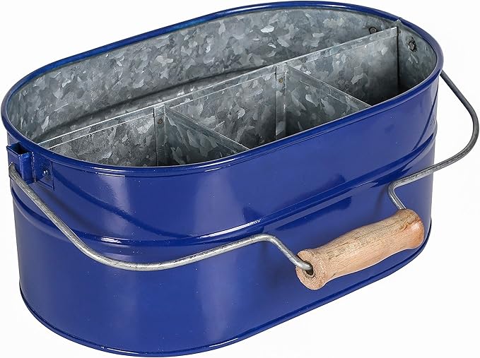 Alpha Living Home 4-Section Galvanized Utensil Caddy - Farmhouse Organizer with 4 Compartments and Wooden Handle - Versatile Storage for Kitchen, Outdoor & Party Essentials (Blue)