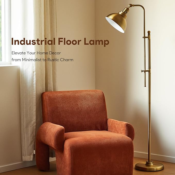 VONLUCE Floor Lamp for Living Room, 65" Industrial Brass Floor Lamp Adjustable Height & Head Vintage Metal Standing Reading Pole Lamp for Bedroom, Office, Farmhouse