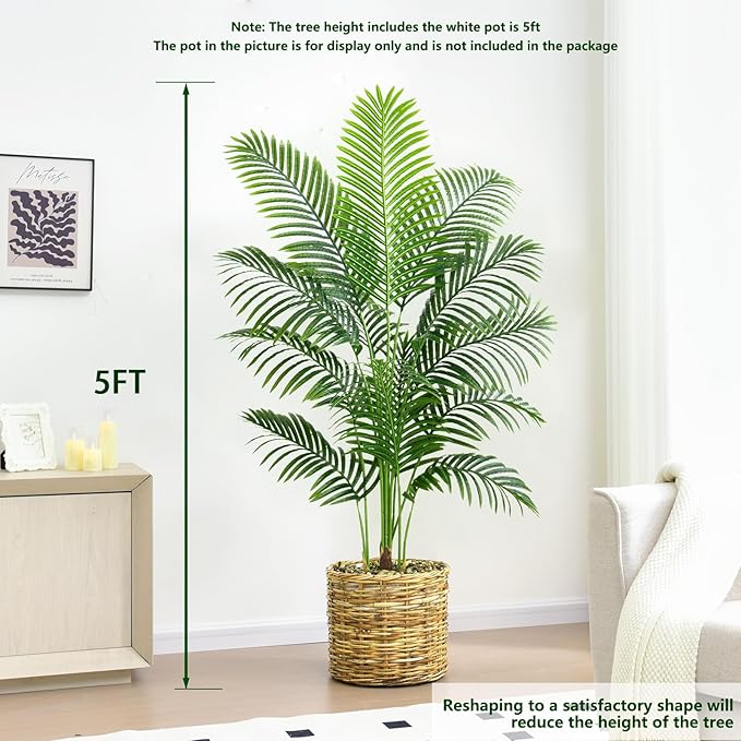 Artificial Palm Tree 5FT Artificia Plants Indoor Fake Trees Tropical Fake Plam Tree Floor Plant in White Pot with 13 Trunks & Real Bark Design Faux Palm Plant for Outdoor Home Room Decor