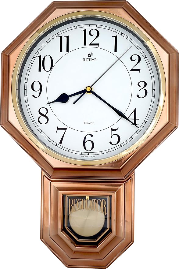 JUSTIME Traditional Schoolhouse Easy to Read Regulator Wall Clock, Chiming Wall Clocks with Pendulum & Westminster Chime Hourly, Schoolhouse Wall Decor Battery Operated (Vintage Copper)