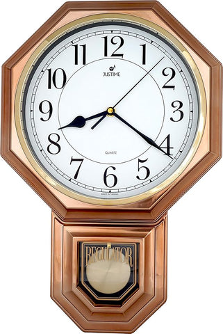 JUSTIME Traditional Schoolhouse Easy to Read Regulator Wall Clock, Chiming Wall Clocks with Pendulum & Westminster Chime Hourly, Schoolhouse Wall Decor Battery Operated (Vintage Copper)