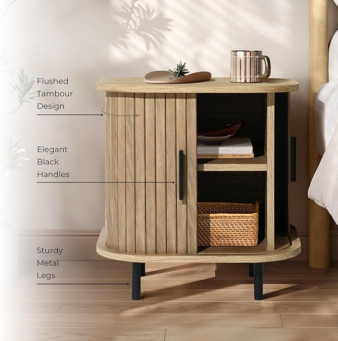LuxenHome Mid Century Modern Nightstand with Storage, Small Fluted Nightstand with Sliding Door, Boho Bedside Table with Curved Edge, Oak Night Stand, Side Tables Bedroom
