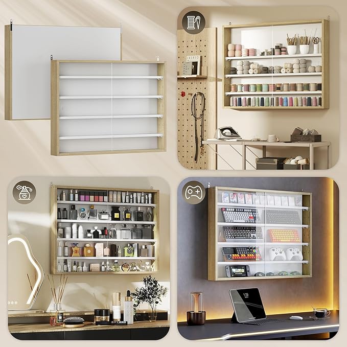 HOMCOM 5-Tier Display Cabinet, Glass Door Cabinet with Adjustable Shelves, Wall-Mounted Display Case for Playroom, Bedroom, Oak and White
