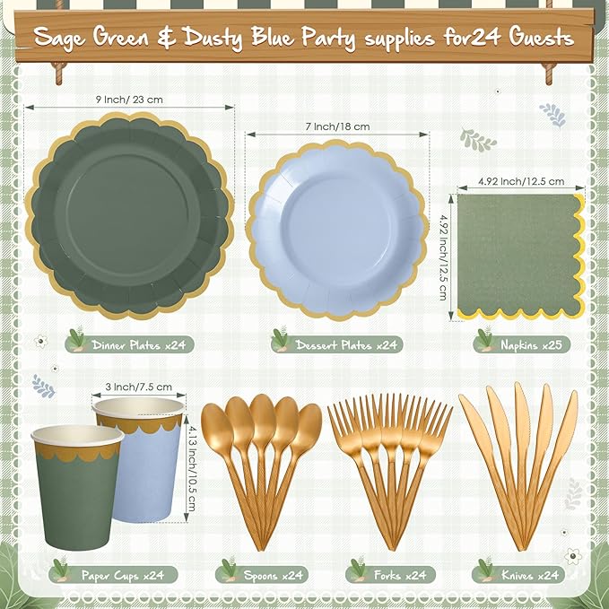 169 Pcs Blue and Sage Green Plates and Napkins Party Supplies for Guests Dusty Blue Tableware Include Scalloped Plates Paper Napkin Cup Spoon Fork Knife for Baby Shower, Wedding, Birthday