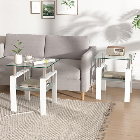 IANIYA 2PCS Modern Glass End Table, 2-Tier Side Table with Tempered Glass Top & Metal Legs, Night Stand Corner Table for Living Room, Bedroom, White