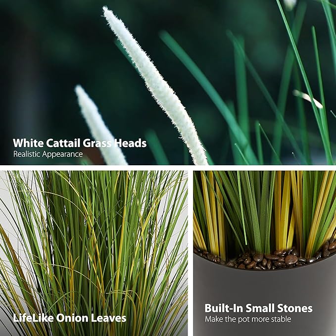 KOL 4ft 2-Pack Artificial Cattail Reed Grass, 47.2’’ Artificial Indoor Outdoor Fake Onion Grass Plant, Home Office Wedding Decorative Potted Plant, Faux Floor Greenery, Housewarming Gift, White