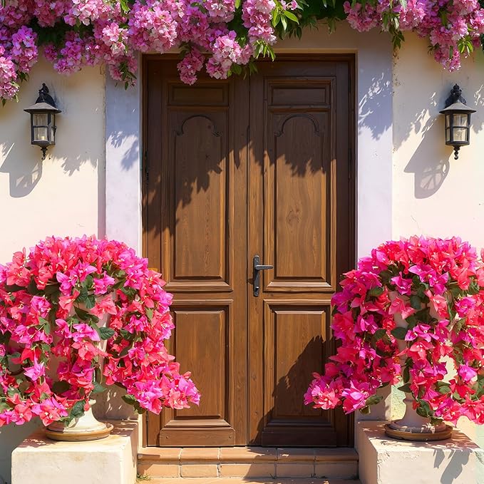 4 Pcs Artificial Faux Bougainvillea Flowers Plants Hanging Flowers Plants for Outdoor Decoration Fake Silk UV Resistant Long Trailing Vines for Front Door Porch Planter Balcony (Purple and Red)