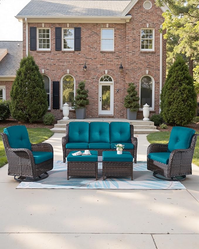 22x25/22x24 Outdoor Cushions for Patio Couch Chairs Set of 3 - High Back Comfy Outside Seat Cushions for Wicker Dining Rocker Glider Loveseat 3-Seater Sectional Sofa - Peacock Blue/Button