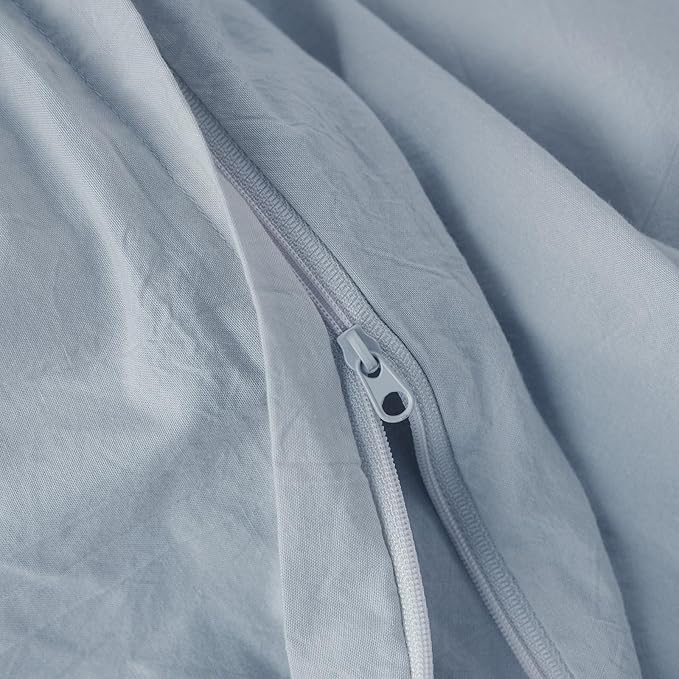 JIYUAN 100% Washed Cotton Duvet Cover Set 3 Pieces Super Queen, 1 Duvet Cover 90x98 Inches(Comforter Not Included) and 2 Pillowcases,Linen Feel Bedding Set Comfy and Breathable, Heathered Light Blue