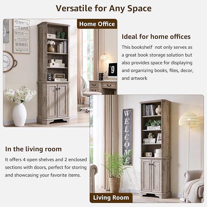 OKD 6-Tier Bookcase with Doors, 72" Tall Farmhouse Bookshelf with Storage & Adjustable Shelves, Wooden Floor Standing Display Book Shelf Organizer for Home Office, Light Rustic Oak